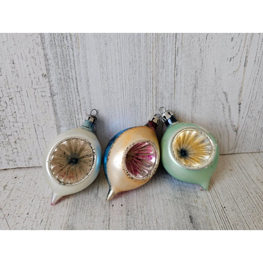 Vintage striped poland indent mini ornament reflector Mercury glass pink blue se